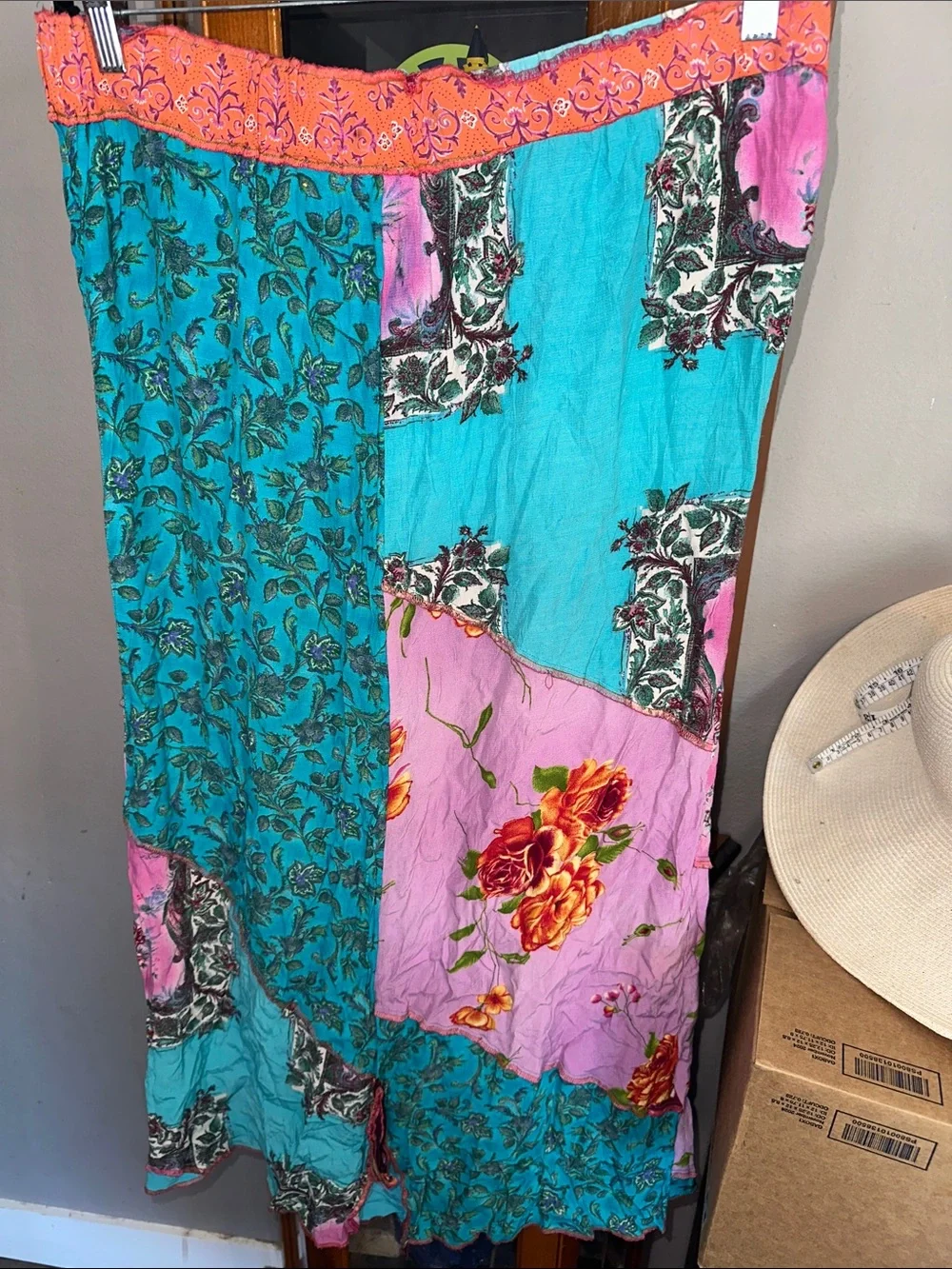 Bohemian Patchwork Floral Maxi Skirt - Turquoise & Pink
